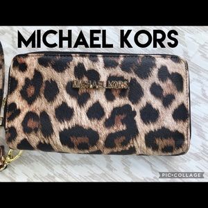 Leopard print leather three compartment wallet